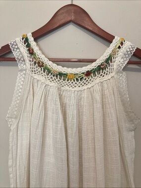 Ecuadorian made Sleeveless Cream Midi Dress with Crochet Yoke One Size